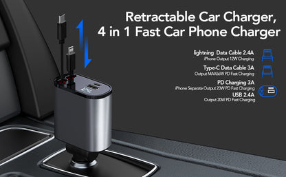 CarChargeTM | Retractable, 4 in 1 Fast Car Phone Charger | 60W | Compatible with Major Brands | High Voltage